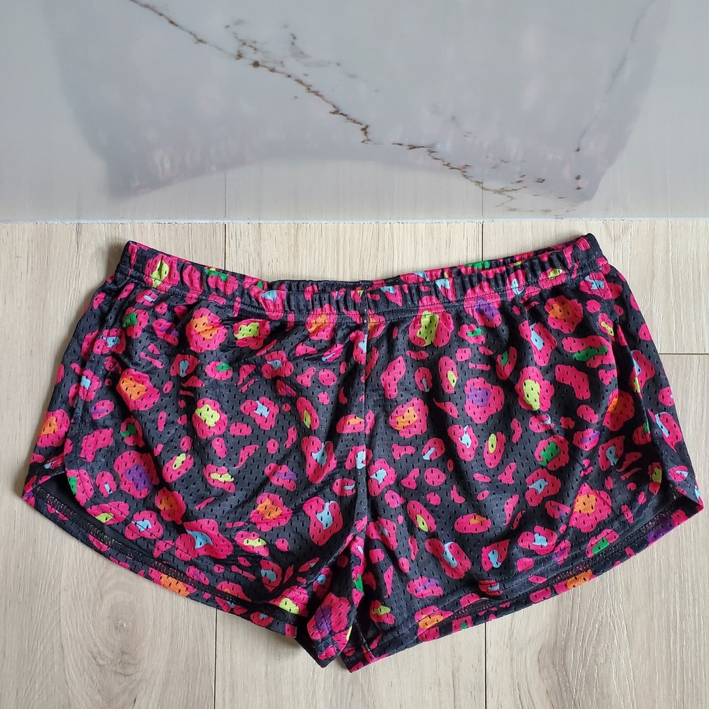 Soffe Mesh Shorts Womens L Leopard Low Rise Elastic Waist Cheer Running Gym Y2K